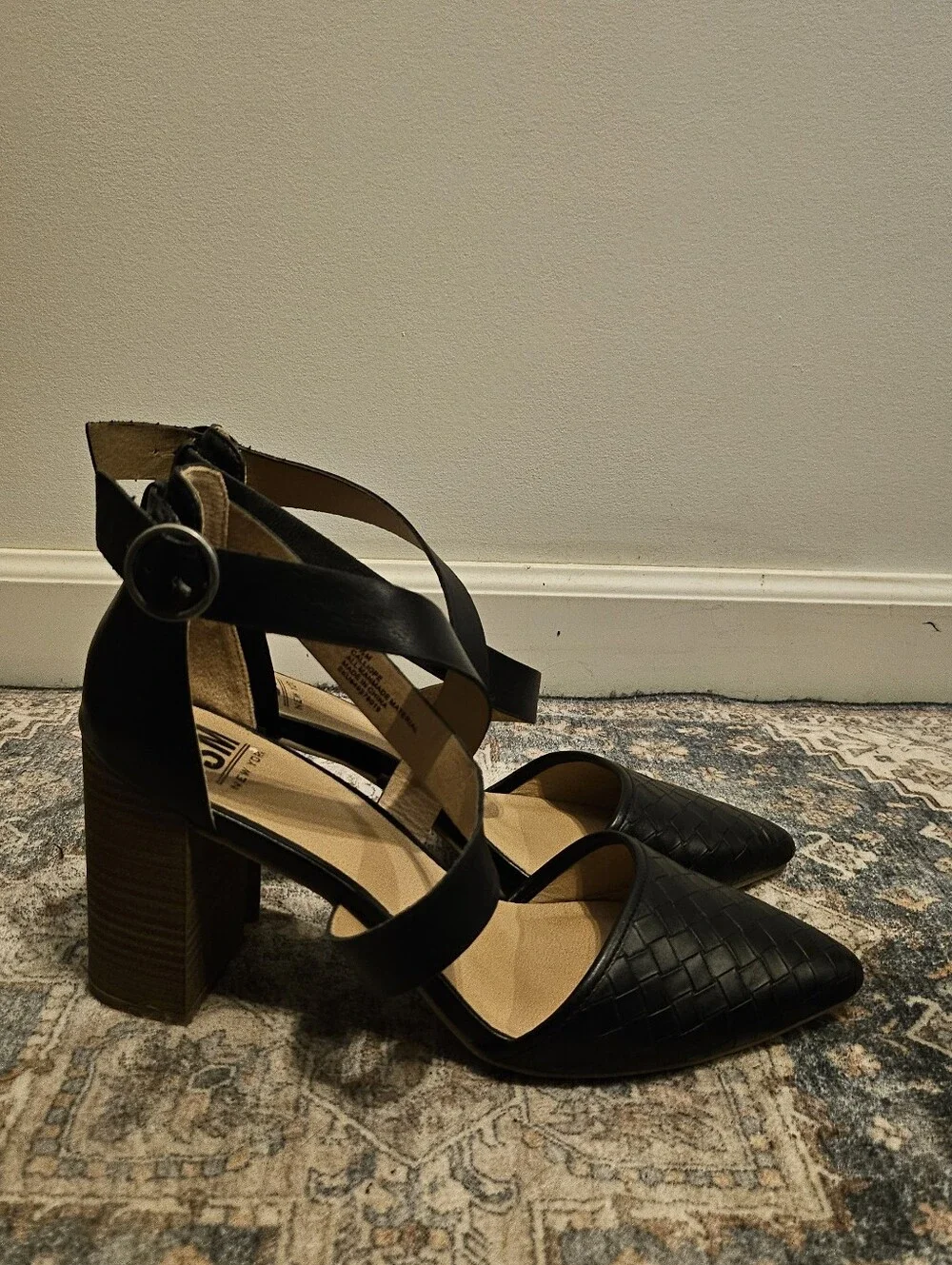 SM New York Black Woven Calliope Chunky Block Heel Pumps 9.5